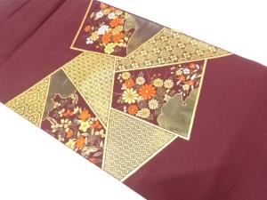 切りばめ風　菊に秋草・古典柄模様織り出し　名古屋帯